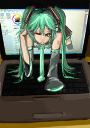 Rule 34 | 1girl, absurdres, bad id, bad pixiv id, detached sleeves, green eyes, green hair, hatsune miku, highres, long hair, matching hair/eyes, necktie, oshin0 (zheng), skirt, solo, thighhighs, twintails, very long hair, vocaloid