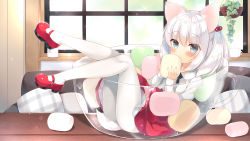 Rule 34 | 1girl, animal ears, collared shirt, commentary request, couch, covered mouth, cup, day, dog ears, dog girl, dog tail, food, grey eyes, hair between eyes, hair bobbles, hair ornament, highres, holding, holding food, in container, in cup, indoors, long sleeves, looking at viewer, looking to the side, marshmallow, mary janes, mini person, minigirl, original, pantyhose, pillow, plaid, red footwear, red skirt, sazaki ichiri, shirt, shoes, silver hair, skirt, sleeves past wrists, solo, tail, transparent, two side up, white pantyhose, white shirt, window