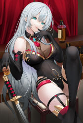 Rule 34 | 1girl, alcohol, aqua eyes, bar stool, black gloves, black leotard, black thighhighs, bottle, breasts, cleavage, commission, cup, curtains, elbow gloves, garter straps, gloves, hair between eyes, highleg, highleg leotard, highres, holding, holding cup, large breasts, leg up, leotard, licking, licking finger, lloule, long hair, original, pixiv commission, silver hair, sitting, solo, stool, sword, thighhighs, very long hair, weapon