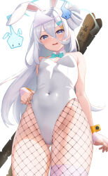 Rule 34 | animal ears, bandaged fingers, bandaged hand, bandaged leg, bandaged neck, bandaged wrist, bandages, bandaid, bandaid on hand, blue eyes, blue leotard, blush, bow, bowtie, breasts, covered navel, cowboy shot, curio (curiofinity), detached collar, fake animal ears, fake tail, fishnet pantyhose, fishnets, ghost, ghost girl, ghost hair ornament, ghost pose, hair ornament, hairclip, highleg, highleg leotard, highres, hitodama, hitodama hair ornament, leotard, long hair, looking at viewer, pantyhose, playboy bunny, rabbit ears, rabbit tail, side-tie leotard, simple background, small breasts, strapless, strapless leotard, suzutuki sui, tail, traditional bowtie, triangular headpiece, varium, virtual youtuber, white background, white hair, wrist cuffs