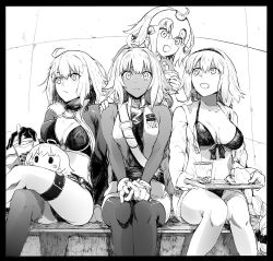 Rule 34 | 4girls, ahoge, bare shoulders, bikini, breasts, bubble tea, cleavage, commentary request, cup, fate/apocrypha, fate/grand order, fate (series), gloves, greyscale, hair ornament, hair scrunchie, hairband, hand on another&#039;s shoulder, holding, holding tray, jeanne d&#039;arc alter (swimsuit berserker) (fate), jeanne d&#039;arc (fate), jeanne d&#039;arc (ruler) (fate), jeanne d&#039;arc (swimsuit archer) (fate), jeanne d&#039;arc (swimsuit archer) (first ascension) (fate), jeanne d&#039;arc alter (fate), jeanne d&#039;arc alter (swimsuit berserker) (fate), jeanne d&#039;arc alter santa lily (fate), lakshmibai (fate), large breasts, long hair, look-alike, looking at another, looking at viewer, monochrome, multiple girls, multiple persona, open mouth, scrunchie, short hair, sitting, swimsuit, syatey, tray
