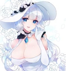 Rule 34 | 1girl, azur lane, blue eyes, breasts, cleavage, covered erect nipples, dress, elbow gloves, floating hair, flower, gloves, hair ribbon, hand up, hat, head tilt, highres, illustrious (azur lane), large breasts, long hair, looking at viewer, open mouth, petals, ribbon, shichijou natori, simple background, smile, solo, strapless, strapless dress, sun hat, tress ribbon, very long hair, white background, white dress, white gloves, white hair, white hat, white theme