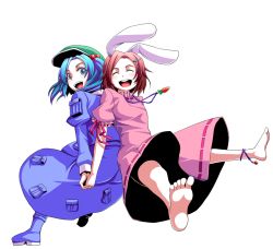 Rule 34 | 2girls, animal ears, anklet, back-to-back, bad id, bad pixiv id, barefoot, blue eyes, blue hair, brown hair, feet, female focus, hair bobbles, hair ornament, hairclip, happy, hat, holding hands, inaba tewi, jewelry, kawashiro nitori, mendou saya, multiple girls, rabbit ears, short hair, simple background, smile, touhou, twintails, two side up