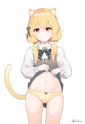 Rule 34 | 1girl, absurdres, animal ear fluff, animal ears, artist name, black bow, black bowtie, black ribbon, blonde hair, blush, bow, bow panties, bowtie, buttons, cat ears, cat girl, cat tail, citrus (pixiv 32844232), closed mouth, clothes lift, collared shirt, cowboy shot, dress, dress lift, embarrassed, female focus, flat chest, gluteal fold, hair ribbon, hair tie, hands up, highres, lifted by self, long hair, long sleeves, looking to the side, navel, original, panties, pinafore dress, polka dot, polka dot bow, red eyes, ribbon, shirt, sidelocks, signature, simple background, sleeveless, sleeveless dress, solo, split mouth, standing, stomach, straight-on, tail, tail raised, tears, twitter username, underwear, wavy mouth, white background, white shirt, yellow panties