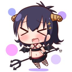 Rule 34 | &gt; &lt;, 1girl, black hair, black skirt, black wings, blush, closed eyes, commentary request, crop top, demon girl, demon horns, demon wings, facing viewer, flying, full body, gabriel dropout, hair between eyes, hair ornament, hairclip, hana kazari, holding, horns, long hair, midriff, navel, o-ring, o-ring top, open mouth, pleated skirt, polearm, skirt, solo, trident, vignette tsukinose april, wavy mouth, weapon, white background, wings, x hair ornament