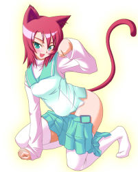 Rule 34 | 00s, 1girl, :d, animal ears, arm support, blue eyes, cat ears, cat tail, fangs, looking at viewer, my-hime, nekono matatabi, open mouth, paw pose, pink hair, pleated skirt, simple background, skirt, smile, solo, tail, thighhighs, white background, white thighhighs, yuuki nao