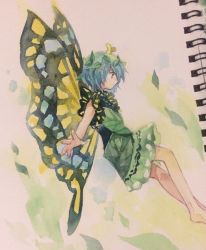 Rule 34 | 1girl, antennae, aqua hair, barefoot, brown eyes, butterfly wings, dress, eternity larva, fairy, full body, green dress, highres, insect wings, kaigen 1025, leaf, leaf on head, multicolored clothes, multicolored dress, photo (medium), short hair, short sleeves, solo, touhou, traditional media, wings
