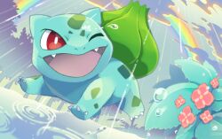 Rule 34 | animal focus, bright pupils, bulbasaur, bush, claws, cloud, creatures (company), fang, flower, fujituki, game freak, gen 1 pokemon, nintendo, no humans, nostrils, one eye closed, open mouth, outdoors, pink flower, pokemon, pokemon (creature), puddle, rain, rainbow, red eyes, ripples, running, solo, water drop, white pupils