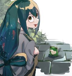 Rule 34 | 1girl, animal, asui tsuyu, boku no hero academia, brown eyes, frog, green hair, hand on own knee, highres, long hair, looking at viewer, looking back, okrnas, plant, ponytail, road, school uniform, sidewalk, solo, squatting, street, tongue, tongue out, water drop, wet, white background