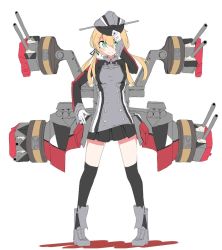 Rule 34 | 10s, 1girl, anchor hair ornament, aqua eyes, beize (garbage), black ribbon, black skirt, black thighhighs, blush, full body, gloves, hair ornament, hair ribbon, hand on headwear, hat, kantai collection, long hair, long sleeves, looking at viewer, machinery, md5 mismatch, military, military uniform, miniskirt, over-kneehighs, peaked cap, pleated skirt, prinz eugen (kancolle), resized, ribbon, simple background, skirt, smile, solo, thighhighs, turret, twintails, uniform, white background, white gloves