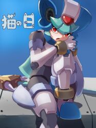 Rule 34 | 1girl, armor, black bodysuit, bodysuit, cat day, commentary request, fangs, forehead jewel, grey hair, hand on own face, hands on own knee, highres, looking at viewer, mega man (series), mega man zx, model w (mega man), omochi (mochi skymega), pandora (mega man), red eyes, sitting, solo, staff, translation request