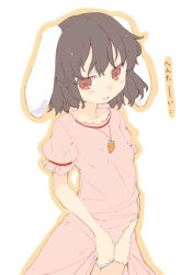 Rule 34 | 1girl, animal ears, bad id, bad pixiv id, black hair, blush, carrot necklace, clothes lift, dress, dress lift, inaba tewi, jewelry, looking at viewer, necklace, panties, pendant, pink dress, rabbit ears, red eyes, salamander (hop-step), short hair, short sleeves, simple background, solo, touhou, underwear, white background, white panties