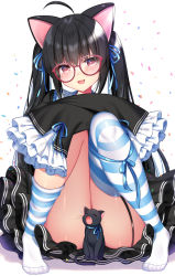 Rule 34 | 1girl, :d, ahoge, animal ears, ass, asymmetrical legwear, black hair, black shirt, black skirt, blue ribbon, blush, cat ears, closed eyes, commentary request, confetti, convenient censoring, copyright request, fang, frilled sleeves, frills, full body, garter straps, glasses, hair between eyes, hair ribbon, head tilt, highres, knees together feet apart, knees up, layered skirt, long hair, long sleeves, no shoes, open mouth, pleated skirt, red-framed eyewear, red eyes, ribbon, ringo sui, shadow, shirt, single sock, single thighhigh, sitting, skirt, sleeves past fingers, sleeves past wrists, smile, socks, solo, striped clothes, striped socks, striped thighhighs, thighhighs, twintails, very long hair, virtual youtuber, white background