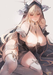 Rule 34 | 1girl, areola slip, azur lane, bare shoulders, black gloves, black headwear, blonde hair, blush, breasts, cleavage, closed mouth, collarbone, gloves, hair between eyes, halo, horns, implacable (azur lane), large breasts, long hair, looking at viewer, off shoulder, red eyes, sea nami, signature, simple background, solo, thighhighs, thighs, white thighhighs