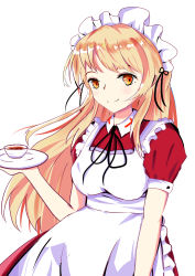 Rule 34 | 1girl, absurdres, apron, black ribbon, blonde hair, breasts, candypowd3r, coffee, collared dress, cup, dress, frilled apron, frills, highres, holding, holding tray, long hair, maid, maid apron, maid headdress, medium breasts, puffy short sleeves, puffy sleeves, red dress, ribbon, short sleeves, sidelocks, simple background, smile, touhou, touhou (pc-98), tray, very long hair, white background, yellow eyes, yumeko (touhou)
