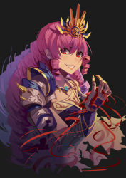 Rule 34 | 10s, 1girl, armor, black background, blue pupils, claws, drill hair, earrings, gem, grin, hand up, headdress, highres, jewelry, kuroduki (pieat), long hair, looking at viewer, monster strike, necklace, oda nobunaga (monster strike), pink hair, red eyes, simple background, smile, solo, spikes, upper body