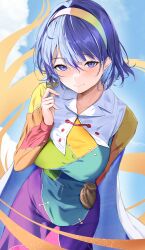 Rule 34 | 1girl, 258n, absurdres, blue eyes, blue hair, breasts, cloak, closed mouth, commission, dress, hair between eyes, hairband, highres, large breasts, long sleeves, multicolored clothes, multicolored dress, multicolored hairband, rainbow gradient, short hair, skeb commission, smile, solo, tenkyuu chimata, touhou, upper body, white cloak