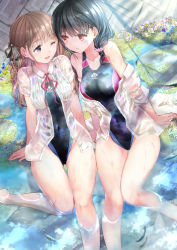 Rule 34 | 2girls, :d, absurdres, bare legs, black hair, black one-piece swimsuit, blue eyes, blunt bangs, braid, breasts, brown eyes, brown hair, closed mouth, collarbone, collared shirt, competition swimsuit, covered navel, dappled sunlight, eye contact, fish, flower, grass, hair ornament, hair ribbon, hair scrunchie, highres, large breasts, light smile, long hair, looking at another, medium breasts, multiple girls, off shoulder, ogata tei, one-piece swimsuit, one eye closed, open mouth, original, partially submerged, ribbon, scrunchie, see-through, shirt, single braid, sitting, smile, sunlight, swimsuit, water, wet, wet clothes, wet shirt, white shirt