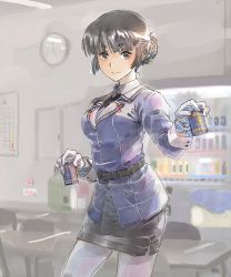 Rule 34 | 10s, 1girl, belt, black hair, breasts, brown eyes, can, canned coffee, clock, drink can, gloves, hair bun, hair ornament, hairclip, highres, image sample, kantai collection, large breasts, military, military uniform, miniskirt, myoukou (kancolle), no smoking, pantyhose, sidelocks, skirt, smile, solo, suzumaru, table, uniform, white gloves, white pantyhose
