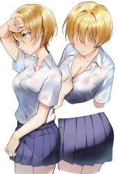 Rule 34 | 1girl, absurdres, alternate costume, animification, apex legends, blonde hair, blue eyes, blue skirt, blush, clothes pull, collarbone, collared shirt, from above, from side, hand on forehead, highres, huge filesize, multiple views, nitogebeto, open mouth, school uniform, shirt, shirt pull, shirt tucked in, skirt, sweat, wattson (apex legends), wet, wet clothes, wet shirt, white background