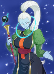 Rule 34 | 10s, 1girl, blue skin, breasts, colored skin, dragon ball, dragon ball super, dress, hair slicked back, hair tie, highres, large breasts, long hair, long sleeves, pink eyes, ponytail, puffy long sleeves, puffy sleeves, smile, solo, spacezin, vados (dragon ball), white hair