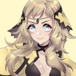 Rule 34 | 1girl, blonde hair, breasts, cape, circlet, closed mouth, collarbone, commission, commissioner upload, fire emblem, fire emblem fates, grey eyes, hair ornament, looking at viewer, masoramashiro, medium breasts, nintendo, ophelia (fire emblem), turtleneck, upper body, yellow background