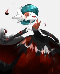 Rule 34 | 1girl, alternate color, arms up, artist request, black gloves, blue hair, creatures (company), elbow gloves, female focus, game freak, gardevoir, gen 3 pokemon, gloves, grey background, hair over one eye, happy, looking at viewer, looking to the side, mega gardevoir, mega pokemon, nintendo, open mouth, outstretched arms, pokemon, pokemon (creature), red eyes, shiny pokemon, short hair, simple background, smile, solo, standing
