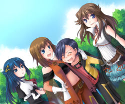 Rule 34 | 1boy, 3girls, alternate costume, arm around neck, artist request, belt, brown hair, creatures (company), crossed arms, ethan (pokemon), fang, fingerless gloves, game freak, gloves, green (pokemon), long hair, midriff, multiple girls, nintendo, non-web source, dawn (pokemon), pokemon, pokemon adventures, pokemon spirit chronicles, may (pokemon), see-through, source request