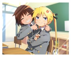 Rule 34 | 2girls, anger vein, annoyed, black neckwear, black ribbon, blazer, blonde hair, blue eyes, blurry, blurry background, brown hair, classroom, crossed arms, desk, closed eyes, fingers on another&#039;s face, fingers to cheeks, grin, hair ribbon, highres, indoors, jacket, kill me baby, long hair, multiple girls, necktie, oribe yasuna, ribbon, school desk, short hair, smile, sonya (kill me baby), twintails, upper body, yachima tana
