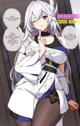 Rule 34 | 1girl, bare shoulders, belt, blue eyes, blush, breasts, cecilia schariac, commentary, cosplay, english commentary, english text, gloves, hair between eyes, hair ornament, heart, highres, honkai (series), honkai impact 3rd, jacket, large breasts, long hair, long sleeves, looking at viewer, one eye closed, pantyhose, purple eyes, raiden mei, raiden mei (striker fulminata), raiden mei (striker fulminata) (cosplay), sheita, sidelocks, solo, speech bubble, thighhighs, white hair