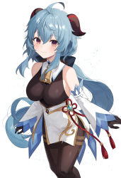 Rule 34 | 1girl, ahoge, bare shoulders, bell, black pantyhose, blue hair, blush, breasts, chinese knot, cowboy shot, detached sleeves, flower knot, ganyu (genshin impact), genshin impact, gold trim, highres, horns, long hair, looking at viewer, low ponytail, medium breasts, neck bell, pantyhose, purple eyes, sidelocks, smile, solo, tassel, thighlet, vision (genshin impact), white background, white sleeves, yon (letter)