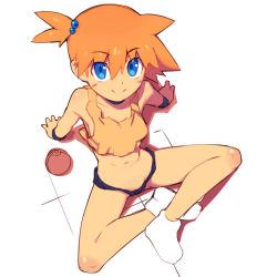 Rule 34 | 1girl, arm support, blue eyes, blush stickers, closed mouth, collarbone, creatures (company), from above, game freak, hair between eyes, looking at viewer, metata, midriff, misty (pokemon), navel, nintendo, orange hair, poke ball, pokemon, pokemon (anime), pokemon (classic anime), short hair, side ponytail, simple background, sitting, smile, solo, tank top, white background