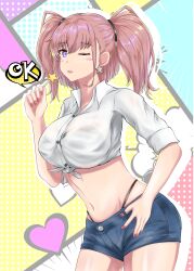 Rule 34 | 1girl, ;p, absurdres, alternate costume, atlanta (kancolle), breasts, candy, collared shirt, commentary, earrings, food, from side, heart, highres, holding, holding candy, holding food, holding lollipop, jewelry, kantai collection, large breasts, lollipop, long hair, looking at viewer, nipa (graf xsr900), one eye closed, pink hair, purple eyes, shirt, short shorts, short sleeves, shorts, solo, star (symbol), star earrings, tied shirt, tongue, tongue out, two side up, white shirt