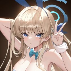 Rule 34 | 1girl, animal ears, arm behind head, arm up, armpits, bare arms, bare shoulders, blonde hair, blue archive, blue eyes, blue hairband, bow, bowtie, braid, breasts, cleavage, closed mouth, detached collar, expressionless, fake animal ears, hair bow, hairband, halo, hand up, highres, leotard, long hair, looking at viewer, medium breasts, multicolored hair, nannung, official alternate costume, playboy bunny, rabbit ears, solo, strapless, streaked hair, toki (blue archive), toki (bunny) (blue archive), upper body, v, wrist cuffs