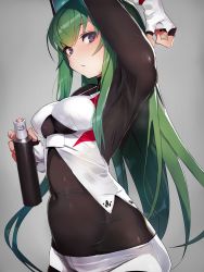 Rule 34 | 1girl, arm up, armpits, blush, bodysuit, breasts, closed mouth, commentary, covered navel, fingerless gloves, frown, gloves, green hair, headgear, highres, holding, lips, long hair, long sleeves, looking at viewer, medium breasts, menou kaname (taishi), original, purple eyes, shorts, skin tight, solo, spray can, standing, sweatdrop, taishi (picchiridou), very long hair