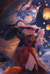 Rule 34 | 1girl, animal ear fluff, bare shoulders, bell, blue eyes, blue hair, breasts, bubble, cat, cherry blossoms, cleavage, detached collar, docozi, fingerless gloves, fish, floral print, flower, fur scarf, fur trim, gloves, goldfish, hair between eyes, hair flower, hair ornament, hand fan, highres, holding, holding umbrella, japanese clothes, jingle bell, kimono, lantern, masterwork apocalypse, medium hair, multicolored hair, neck bell, night, night sky, open mouth, original, scarf, sky, solo, star (sky), starry sky, streaked hair, thighhighs, thighs, umbrella