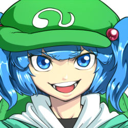 Rule 34 | 1girl, bad id, bad pixiv id, blue eyes, blue hair, female focus, hair bobbles, hair ornament, hat, kawashiro nitori, looking at viewer, lowres, matching hair/eyes, open mouth, portrait, smile, solo, spacezin, touhou