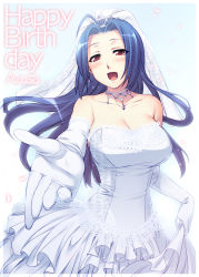 Rule 34 | 00s, 1girl, bare shoulders, blue hair, breasts, bride, brown eyes, cleavage, dress, earrings, elbow gloves, gloves, idolmaster, idolmaster (classic), idolmaster 1, jewelry, large breasts, long hair, miura azusa, necklace, open mouth, redrop, solo, strapless, strapless dress, wedding dress