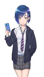 Rule 34 | 1girl, :|, black hoodie, black necktie, blue hair, bob cut, breasts, cellphone, closed mouth, collarbone, commentary, cowboy shot, darling in the franxx, diagonal-striped clothes, diagonal-striped necktie, drawstring, dress shirt, earbuds, earphones, expressionless, green eyes, grey skirt, hair ornament, hairclip, highres, holding, holding phone, hood, hood down, hoodie, ichigo (darling in the franxx), kam-ja, lips, nail polish, necktie, off shoulder, open clothes, open hoodie, pencil skirt, phone, pink lips, plaid, plaid skirt, purple necktie, red nails, school uniform, shirt, short hair, skirt, small breasts, smartphone, smartphone case, solo, standing, striped clothes, swept bangs, upturned eyes, white shirt