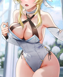 Rule 34 | 1girl, adapted costume, anzu0130, blonde hair, breasts, cameltoe, collar, collarbone, commentary request, covered navel, cowboy shot, day, detached sleeves, genshin impact, head out of frame, highres, large breasts, leaning forward, leotard, lumine (genshin impact), open mouth, outdoors, sky, solo, white collar, white leotard