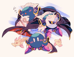 Rule 34 | :d, :o, armor, armored boots, arms up, artist name, black cape, black wings, blue background, blush, blush stickers, boots, cape, closed eyes, closed mouth, commentary request, feathered wings, galacta knight, gloves, hand on own chin, hand up, highres, horns, kirby, kirby (series), looking at viewer, mask, meta knight, multiple views, nintendo, open mouth, pauldrons, purple footwear, running, shoulder armor, simple background, single wing, smile, spiked wings, spikes, tokuura, twitter username, v-shaped eyebrows, white background, white eyes, white gloves, wings, yellow eyes
