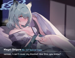 Rule 34 | 1girl, animal ears, aqua hair, aqua nails, architecture, blanket, blue archive, blue halo, blush, breasts, commentary request, dialogue box, dolechan, east asian architecture, english text, finger in navel, fingernails, futon, grey kimono, halo, highres, indoors, japanese clothes, kimono, korean commentary, looking at viewer, low ponytail, lying, medium breasts, nail polish, navel, night, night sky, nose blush, official alternate costume, official alternate hairstyle, on back, open clothes, open kimono, open mouth, poking belly, print kimono, purple eyes, shigure (blue archive), shigure (hot spring) (blue archive), short ponytail, shouji, sky, sliding doors, solo, thighs, weasel ears, weasel girl