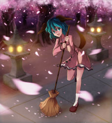 Rule 34 | 1girl, absurdres, animal ears, bamboo broom, broom, cherry blossoms, dress, female focus, flower, full body, green eyes, green hair, highres, kasodani kyouko, lantern, matching hair/eyes, nature, open mouth, outdoors, plant, shinebell, short hair, smile, solo, stone lantern, tail, touhou, tree