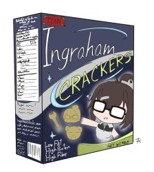 Rule 34 | 1girl, azur lane, barcode, binder clip, box, brown hair, chibi, collared shirt, commentary, cracker, english commentary, english text, food, glasses, grey shirt, hair bun, hair ornament, hairclip, ingraham (azur lane), medium hair, nutrition facts, opaque glasses, open mouth, outstretched arm, pun, shirt, signature, simple background, single hair bun, sleeveless, tyan chan, white background, wrench
