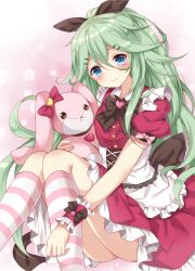 Rule 34 | 10s, 1girl, alternate costume, black ribbon, blue eyes, blush, bow, buttons, doll, dress, erika (ym0311), green hair, hair between eyes, hair ornament, hair ribbon, hairclip, highres, holding, holding doll, kantai collection, kneehighs, long hair, pink bow, puffy short sleeves, puffy sleeves, red dress, ribbon, short sleeves, socks, solo, striped clothes, striped socks, yamakaze (kancolle)