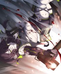 Rule 34 | 1girl, bad id, bad pixiv id, bandana, belt, black gloves, black hair, blood, blood splatter, breasts, cinders, crop top, elbow gloves, explosion, falling, fingerless gloves, firing, girls&#039; frontline, gloves, glowing lines, green eyes, green trim, grin, gun, handgun, highres, holding, holding gun, holding knife, holding weapon, knife, long hair, looking at viewer, low-tied long hair, low twintails, mac-10/11, mac-10 (girls&#039; frontline), machine pistol, motion blur, pistol, pouch, rabb horn, shadow, short shorts, shorts, small breasts, smile, solo, stitches, submachine gun, thick thighs, thigh pouch, thigh strap, thighs, torn clothes, twintails, upside-down, weapon