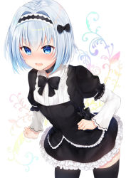 Rule 34 | 10s, 1girl, black bow, black dress, black hairband, black thighhighs, blue eyes, blue hair, blush, bow, commentary request, dress, frilled dress, frills, gothic lolita, gyozanuko, hair between eyes, hair bow, hairband, highres, layered sleeves, leaning forward, lolita fashion, long sleeves, nose blush, open mouth, puffy short sleeves, puffy sleeves, ryuuou no oshigoto!, short hair, short over long sleeves, short sleeves, solo, sora ginko, thighhighs, white background