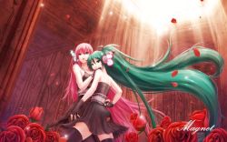 Rule 34 | 2girls, aqua eyes, aqua hair, butterfly hair ornament, butterfly wings, crazypen, dress, fingerless gloves, flower, gloves, hair ornament, hatsune miku, headphones, insect wings, long hair, magnet (vocaloid), megurine luka, multiple girls, petals, pink hair, red flower, red rose, rose, thighhighs, twintails, very long hair, vocaloid, wallpaper, wings, yuri, zettai ryouiki