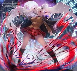 Rule 34 | 1girl, aura, black cape, black socks, blender (medium), breasts, cape, checkered clothes, checkered skirt, city, city lights, devil may cry (series), eyepatch, full moon, highres, holding, holding sword, holding weapon, instagram username, kneehighs, large breasts, marvelous, moon, moreshan, necktie, night, night sky, planted, planted sword, planted weapon, pleated skirt, procreate (medium), red eyes, red necktie, red queen (sword), red skirt, school uniform, senran kagura, sidelocks, signature, skirt, sky, socks, solo, sword, tumblr username, twintails, twitter username, weapon, white hair, yagyu (senran kagura)