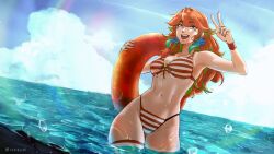 Rule 34 | 1girl, absurdres, alternate costume, bikini, earrings, feather earrings, feathers, green hair, highres, holding, holding swim ring, hololive, hololive english, horizontal-striped swimsuit, innertube, iskaydi, jewelry, long hair, multicolored hair, navel, ocean, open mouth, orange hair, partially submerged, purple eyes, skindentation, smile, striped bikini, striped clothes, swim ring, swimsuit, takanashi kiara, two-tone hair, v, virtual youtuber